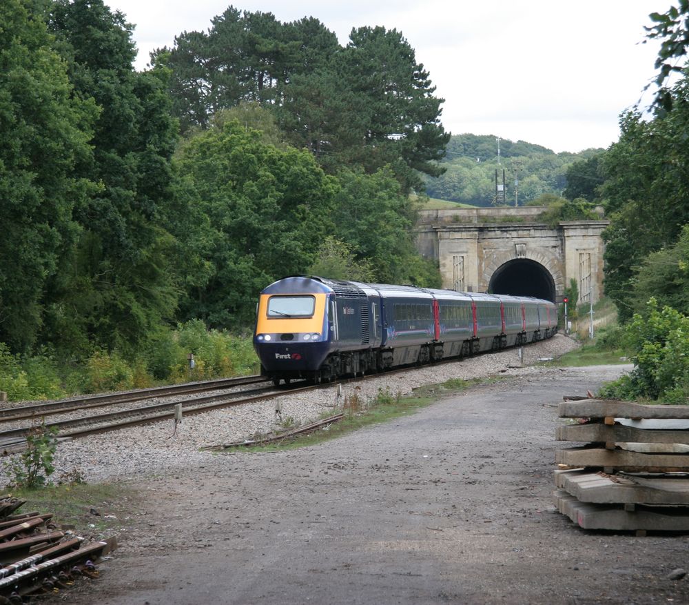 A Great Western high-speed train passing Box in Wiltshire, near Bath.